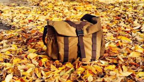 Tan canvas messenger bag with black straps sits on autumn leaves.