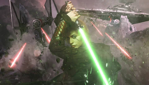 Digital composite illustration featuring a figure wielding a glowing green lightsaber surrounded by spacecraft and laser fire in a sci-fi battle scene.