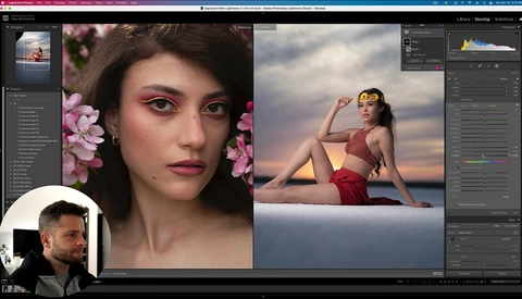 Screenshot of photo editing software displaying portrait and outdoor fashion imagery with adjustment panels.