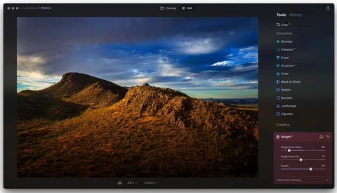 Screenshot of Lightroom Classic editing interface displaying a desert landscape with golden hills and blue sky.