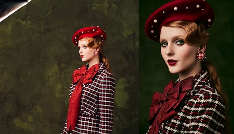 Portrait of a woman wearing a red beret and plaid jacket with red bow, composed as a two-shot profile and frontal view.
