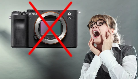 Sony α7C camera body with red X marks overlaid on the lens mount and body.