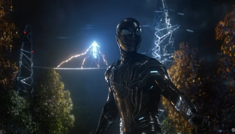 Armored figure in sleek black suit stands centered in futuristic chamber with glowing blue energy and golden architectural elements.