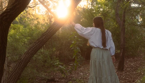 Woman in white blouse reaching toward a tree branch with golden sunlight streaming through the forest canopy.