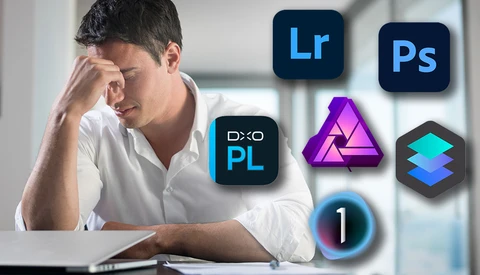 Frustrated photographer contemplating editing software options displayed as app icons.