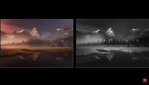 Side-by-side comparison of a mountain landscape in warm color and desaturated black and white.