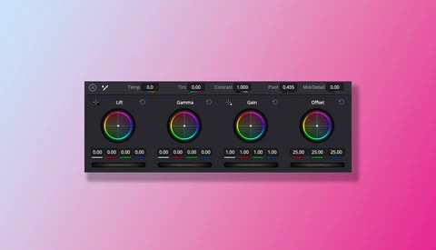 Screenshot of a four-channel color correction interface with circular tone wheels for Lift, Gamma, Gain, and Offset adjustments.