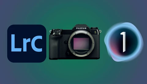 Graphic showing Adobe Lightroom Classic logo, Fujifilm mirrorless camera body, and macOS 1 icon against gradient background.
