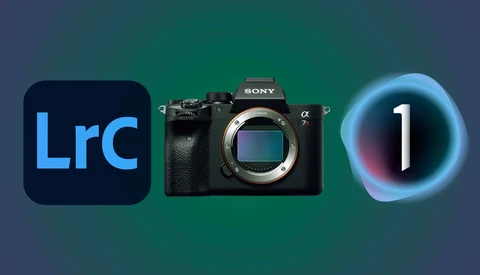 Graphic showing Lightroom Classic logo, Sony Alpha mirrorless camera body, and Capture One software icon on teal gradient background.