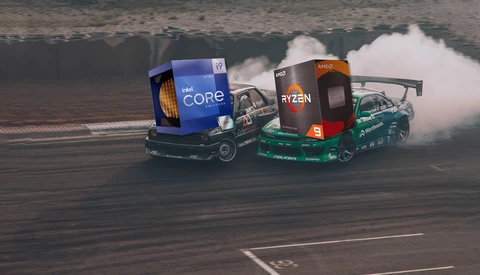 Two custom vehicles branded with processor logos performing a drift on an asphalt surface, creating tire smoke.