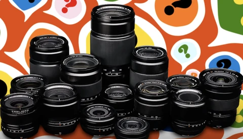 Collection of black camera lenses arranged in a pyramid formation against a colorful background with question marks and eyes.