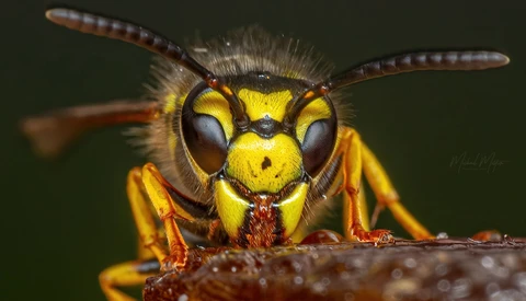 Macro portrait of a yellow and brown wasp with large compound eyes and antennae perched on a textured surface.