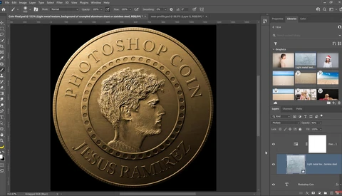Screenshot of Adobe Photoshop displaying a gold coin design with a classical profile portrait and text reading 'Photoshop Coin'.