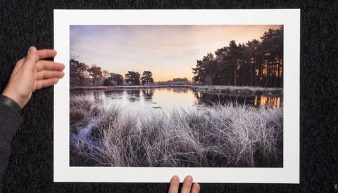Frost-covered grasses frame a still lake at sunrise, with tree lines reflected in calm water under golden light.