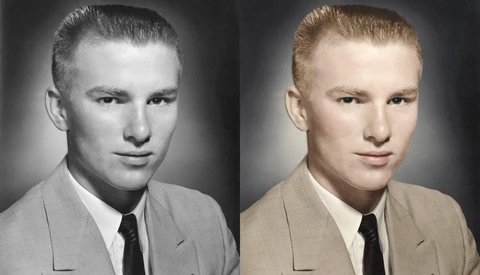 Side-by-side comparison of black and white portrait and colorized version of same man in suit and tie.