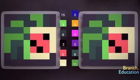 Illustration of pixel art comparison showing two similar grid-based compositions with green, red, black, and cream colors, with numbered color palette reference in center.