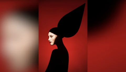Silhouetted profile of a figure wearing an exaggerated pointed hat against a vibrant red background.