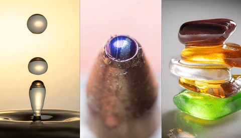 Three studio photography setups demonstrating liquid and light manipulation techniques with reflective spheres and gemstones.