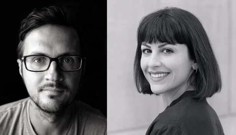 Two black and white portrait photographs side by side showing a man wearing glasses on the left and a woman on the right.
