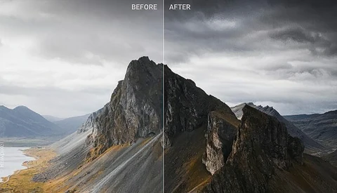 Before and after comparison of a dramatic rocky mountain peak with valley and lake below, showing enhanced contrast and color saturation in post-processing.