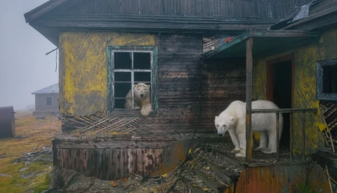 Two polar bears on the porch and ground of a dilapidated wooden house in Arctic conditions.
