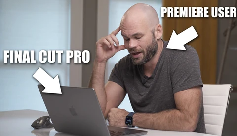 Meme comparing a Final Cut Pro user working intently at a laptop with a Premiere User scratching their head in confusion.