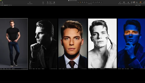 Screenshot of five male portrait photographs displaying diverse lighting and styling techniques.