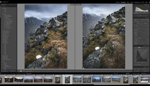 Screenshot of Lightroom showing two side-by-side versions of a mountainous landscape with moss-covered rocks.