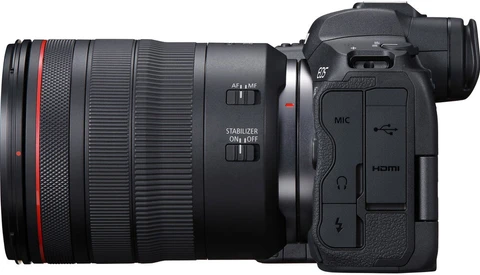 Canon EOS R5C mirrorless camera with RF 24-105mm f/2.8L IS USM lens mounted, shown from side profile against white background.