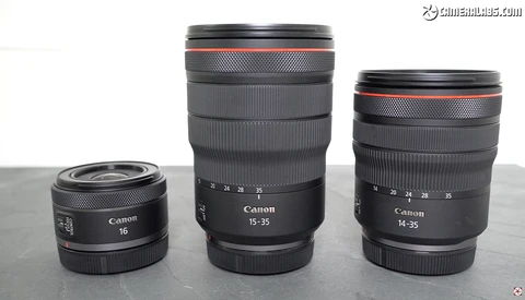 Three Canon RF mount lenses arranged by size: 16mm prime, 15-35mm zoom, and 14-35mm zoom.