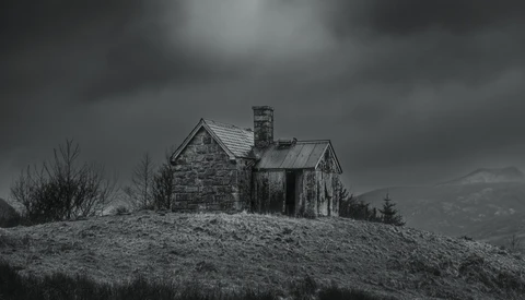 Abandoned stone house with deteriorating wooden additions sits isolated on a barren hilltop under dark storm clouds.
