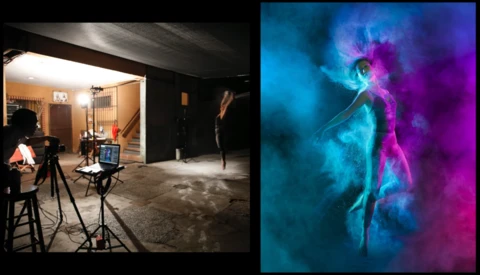 Split-screen comparison of a studio setup and a colorful powder explosion portrait.