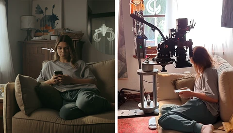 Behind-the-scenes comparison showing a woman on a couch during a video production shoot with professional lighting and camera equipment visible.