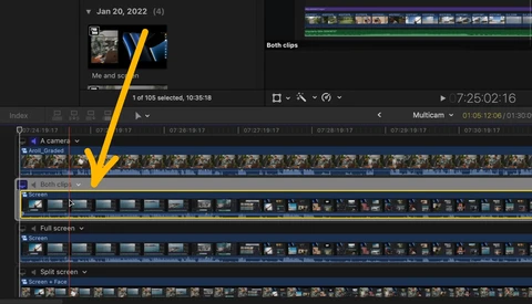 Screenshot of video editing timeline showing multiple camera angles and clips arranged in separate tracks.
