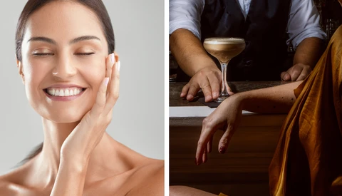 Split-screen comparison of beauty portrait lighting and bar service photography techniques.