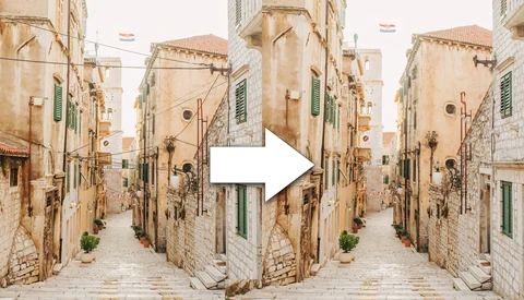 Side-by-side comparison of a Mediterranean stone alleyway, with the right image showing enhanced contrast and saturation.