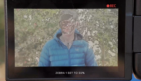 Screenshot of camera monitor displaying live view with zebra exposure warning overlay at 55% intensity.