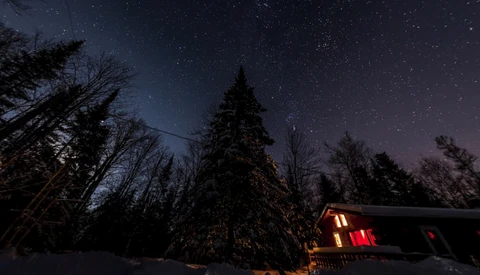 Cabin with warm interior lights surrounded by snow-covered evergreens under a starry night sky.