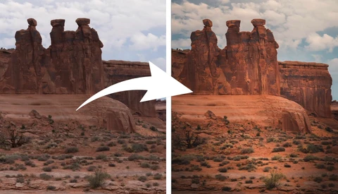 Desert rock formation before and after color grading comparison.