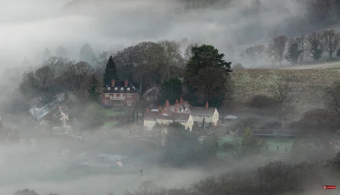 Medieval castle and village shrouded in thick morning mist among bare winter trees.
