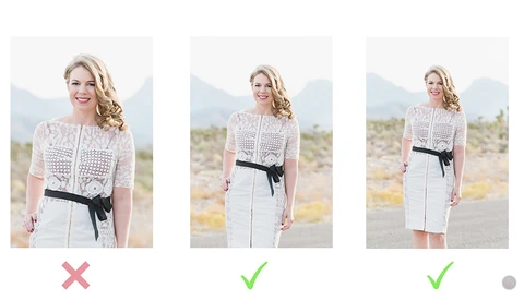 Three portrait variations of a woman in a white lace top and skirt with black belt, showing composition and posing refinement.