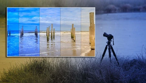 Camera on tripod beside a multi-panel photograph showing wooden pilings transitioning from water to beach at different exposures.