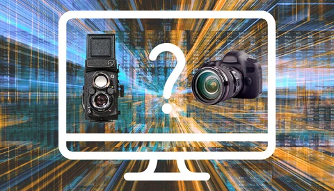 Graphic comparing a vintage twin-lens reflex camera and a modern digital SLR camera with a question mark between them on a monitor screen.