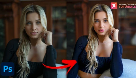 Side-by-side comparison of portrait editing in Photoshop showing before and after adjustments.