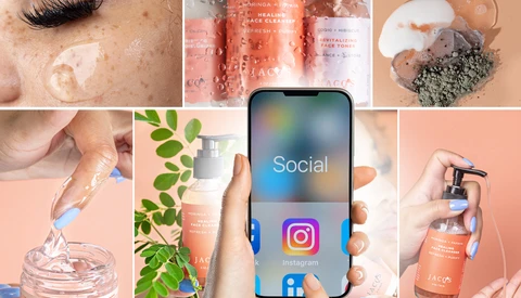 Collage of beauty and skincare product photography with smartphone displaying social media icons.