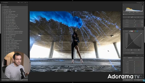 Screenshot of photo editing software showing a composite image of a person standing under a pier with an overlaid sky and water reflection.