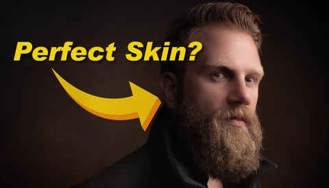 Man with full beard against dark background with yellow arrow and text overlay.