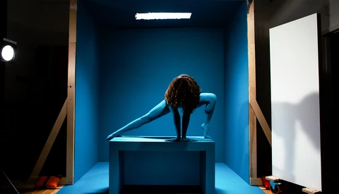 Person in deep forward fold pose on platform inside illuminated blue studio box with fluorescent overhead lighting.
