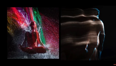 Side-by-side comparison of colorful light painting photography against dark silhouette portraiture.