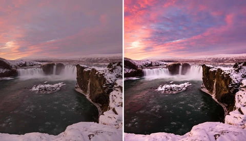 Waterfall landscape with snow-covered rocks under pink and purple sunset sky, shown as side-by-side comparison.